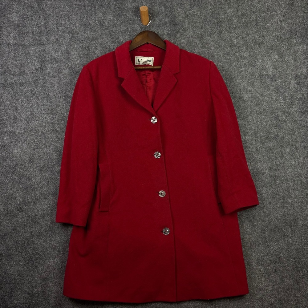 L.L. Bean Wool Cashmere Coat Women 14 Petite Red Long Jacket Overcoat Peacoat